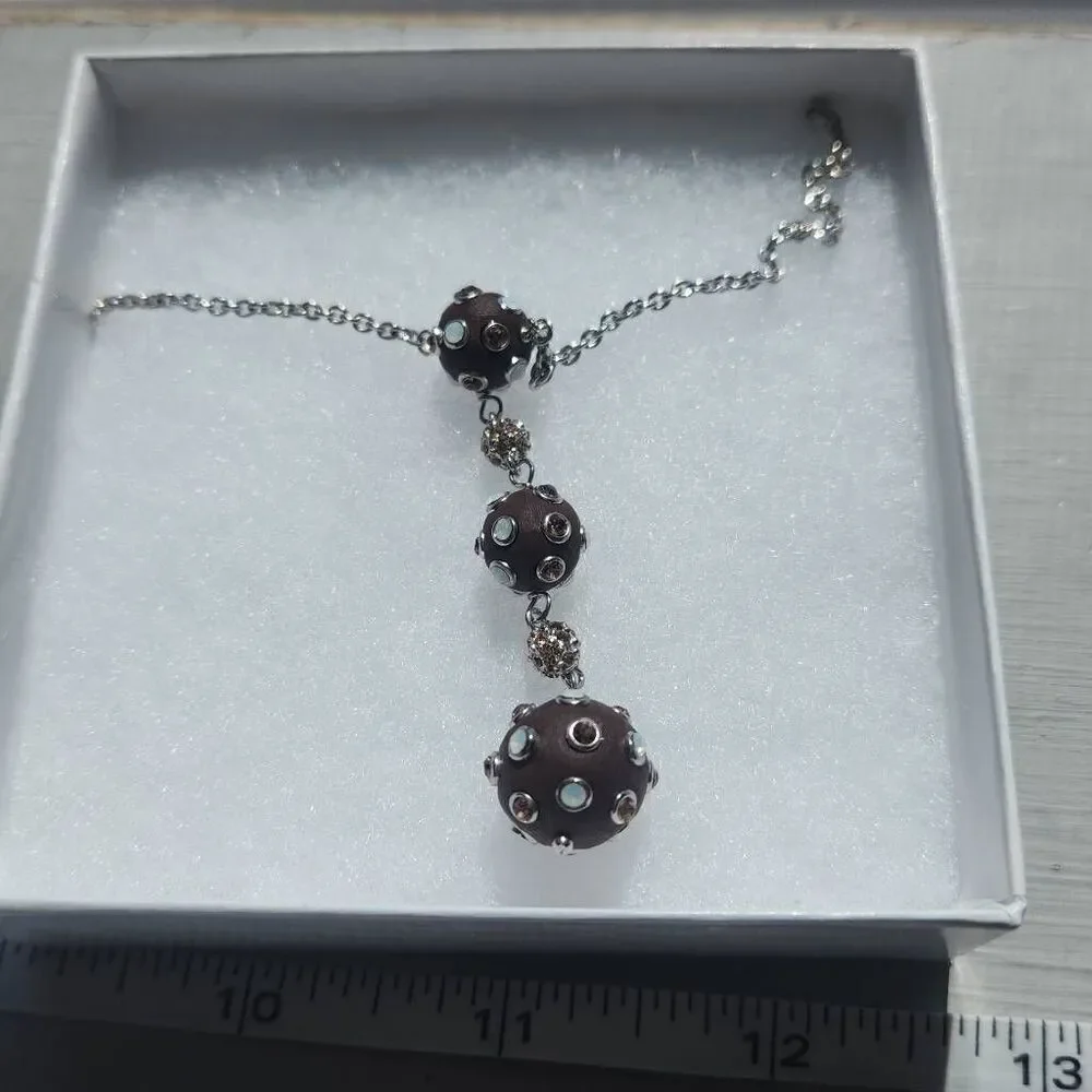 Tripia Wood with Cubic Zirconia Drop Necklace Silver Chain 16-18 inches